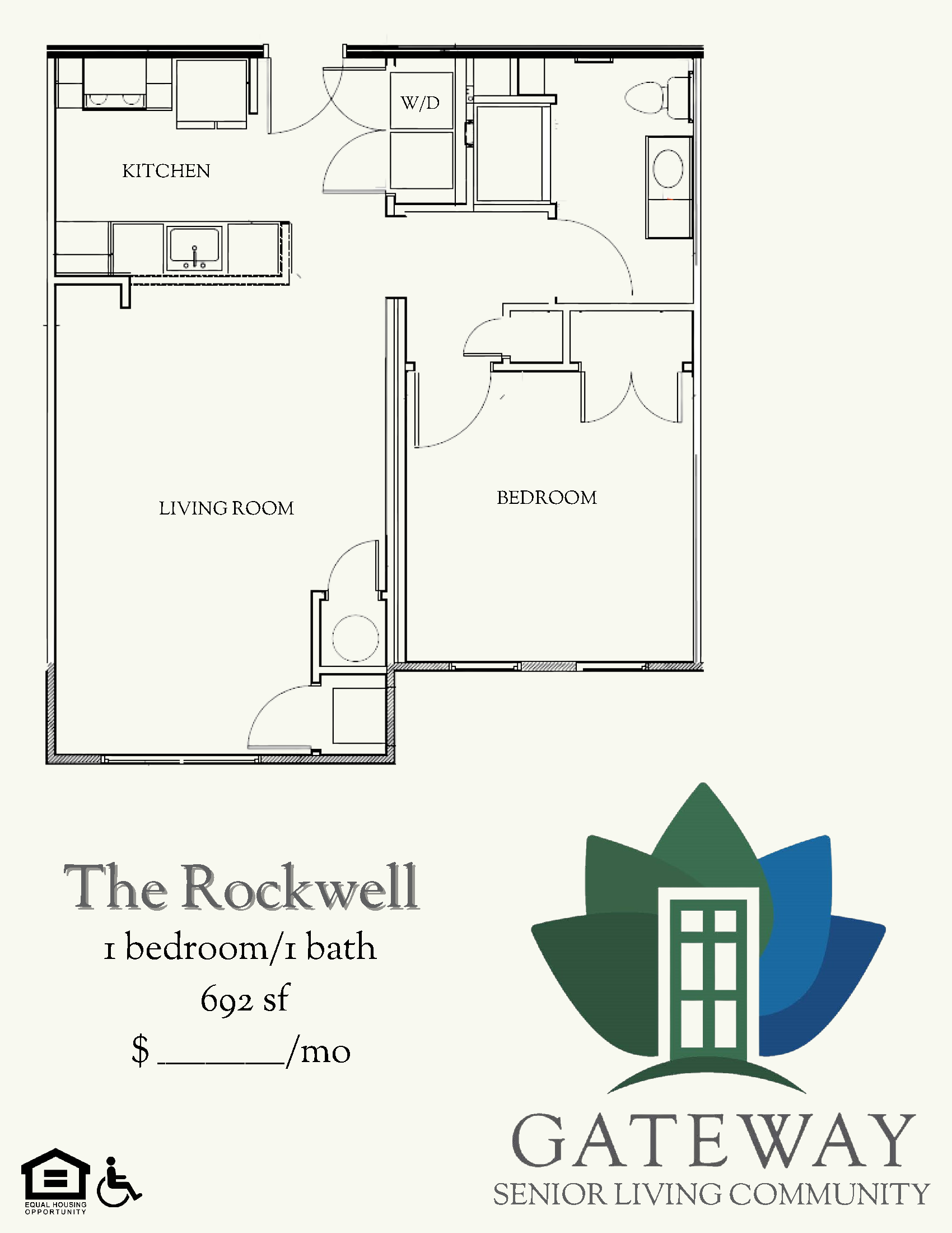 Floor plan for 1 bed, 1 bath, 692 sqft